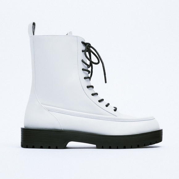 Zara Shoes - NWT. Zara White Leather Laced Ankle Boots with Contrasting Sole. Size 8.